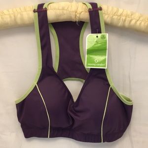 MOVING COMFORT Racerback Sports Bra Purple Green Trim Sz Small (32AB-34A)
